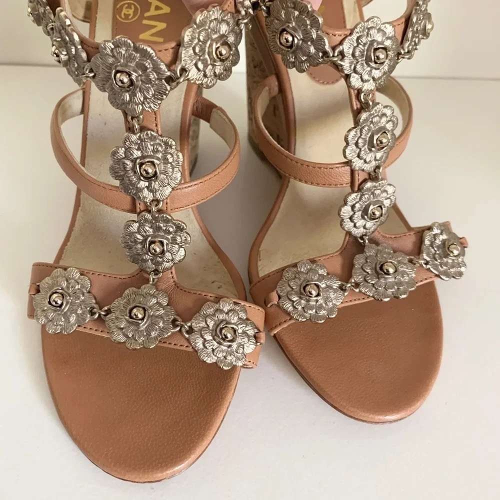 Chanel cc logo camellia charm sandal wedges
